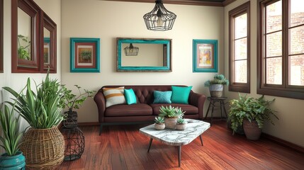 A vibrant living room with cherry floors, ivory walls, and a chocolate brown sofa A kidney-shaped marble coffee table, cerulean frames, and succulents A rustic iron pendant light