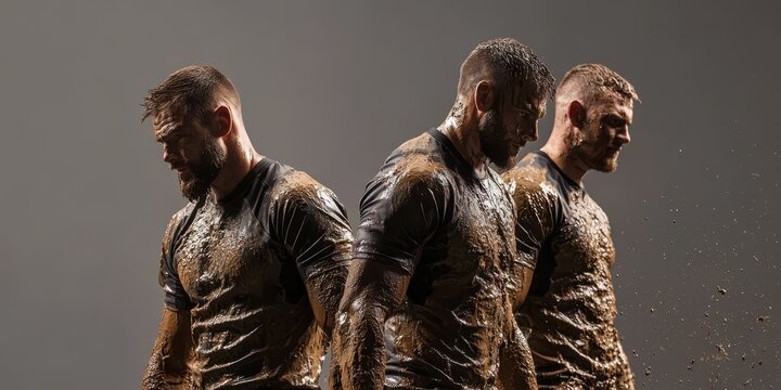 Three athletic men covered in mud showcase determination and strength in an intense, dramatic pose.