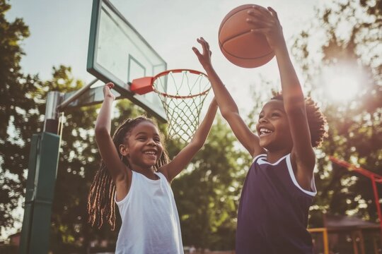 Two kids playing basketball outdoors trying to score