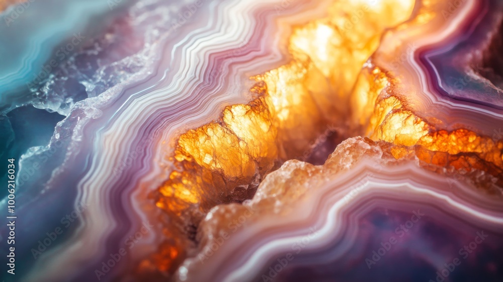 Poster close-up of a colorful agate geode with intricate patterns and a glowing center.