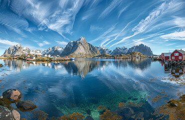 Lofoten Islands, a scenic view with mountains reflected in the water.