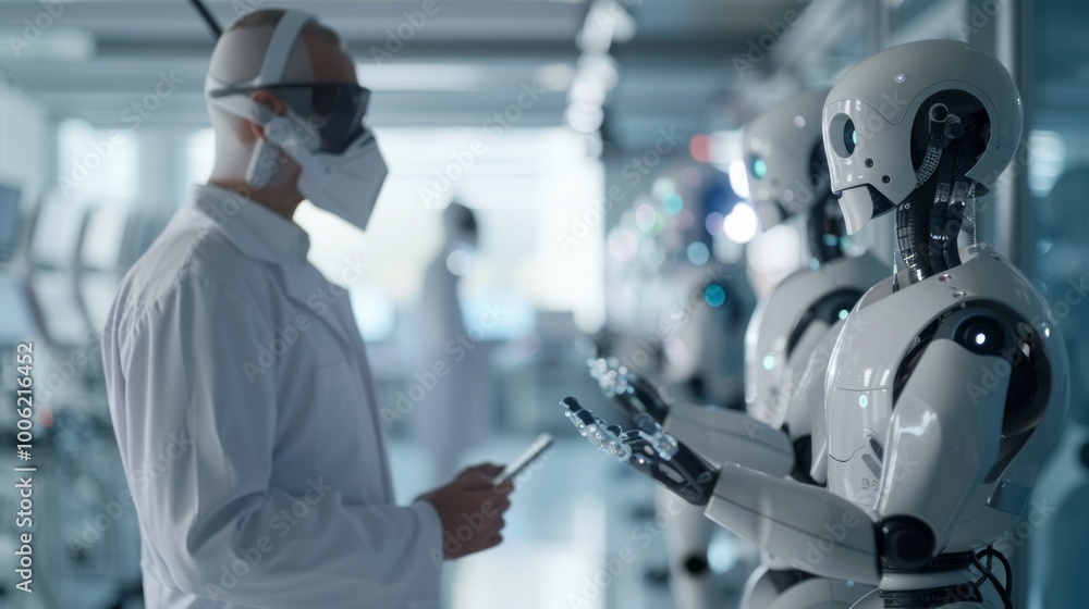 Poster a man in a lab coat is standing next to a robot