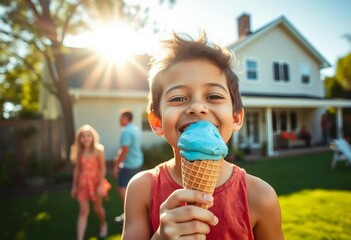 A cute child enjoying blue ice cream with friends in the sunny backyard on a summer day.






