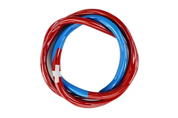 Circular blue and red cable with the Swiss flag on a white background, in the style