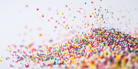 Fototapeta premium Vibrant colorful sprinkles scattered across a white surface, perfect for decorating cakes, cookies, and desserts.