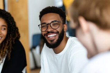 Cheerful man in conversation, beaming with joy and warmth