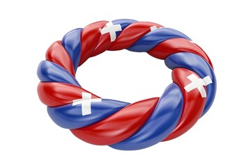 Circular blue and red cable with the Swiss flag on a white background, in the style