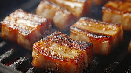 A close-up of juicy pork belly slices grilling on a hot barbecue grill, the fat rendering and the meat developing a mouthwatering char.