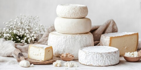 A beautiful arrangement of various cheese types on a rustic table, accented by delicate flowers for a charming presentation.