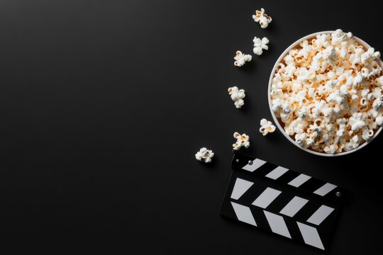 Popcorn bucket and clapperboard laying on black background