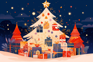 Christmas Theme, Stacked Gift Boxes Under the Christmas Tree Illustrated Greeting Card