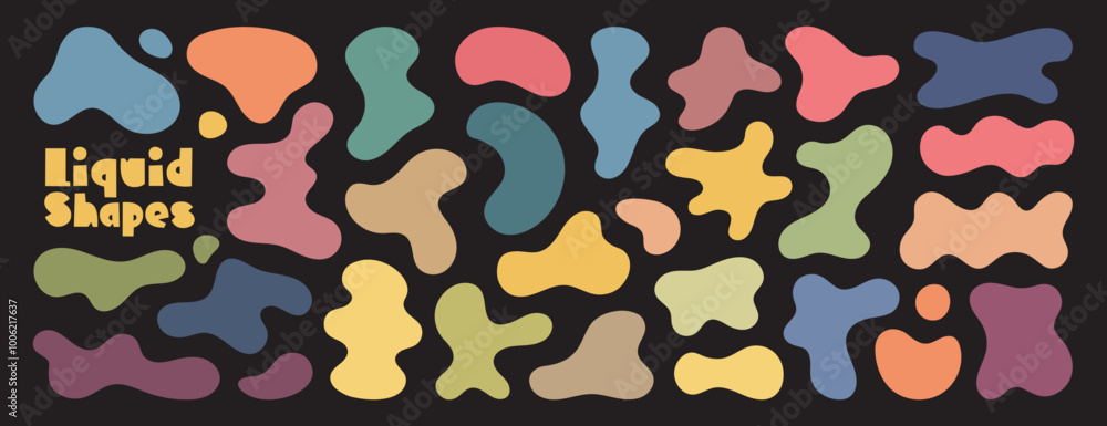 Poster collection of various colorful abstract liquid shapes in soft tones on dark background. each shape i