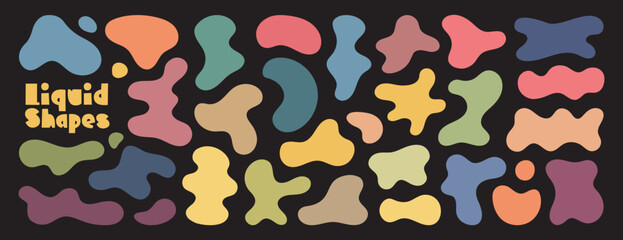 Collection of various colorful abstract liquid shapes in soft tones on dark background. Each shape is unique, with rounded and flowing forms drawing by hand. Vector illustration 