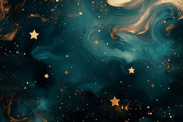 
A flat lay of dark teal and gold marble texture, with glittering stars and swirls, creating a...