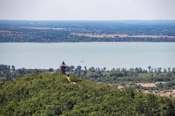 Scenic aerial view of Balaton lake and wooden observation tower Padkui Kilato in Balatongyorok,...