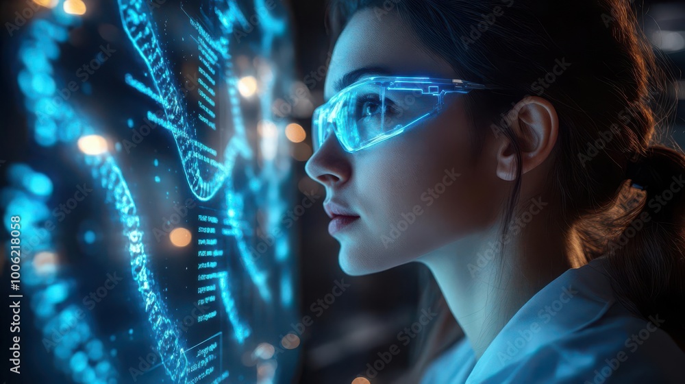 Poster a focused female scientist analyzes digital data using advanced technology in a futuristic lab setti