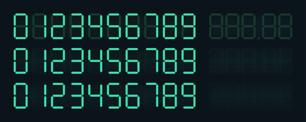 Digital price tag numbers in a seven-segment display style with a glowing green effect. The numbers include digits from 0 to 9, with various configurations and decimal points. Vector illustration 