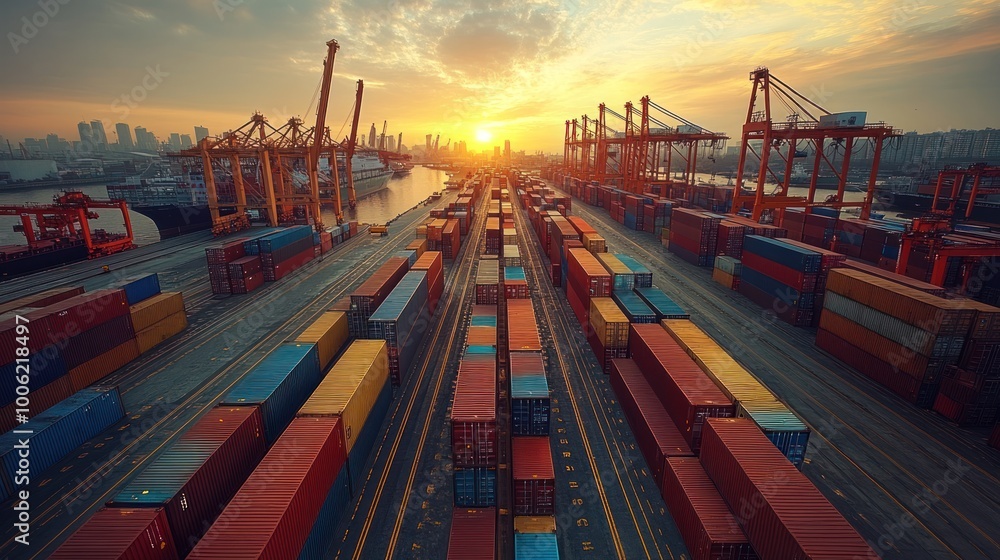 Poster sunset view of container port