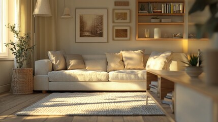 Fototapeta premium A cozy living room in minimalist style, with neutral tones, clean lines, and a plush sofa, inviting relaxation and tranquility.