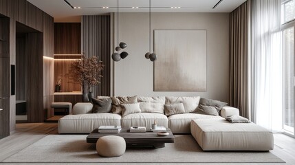 A cozy living room in minimalist style, with neutral tones, clean lines, and a plush sofa, inviting relaxation and tranquility.