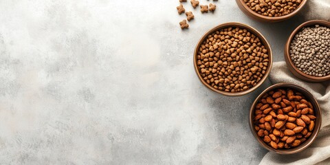 A collection of various nuts and seeds in wooden bowls on a textured surface, showcasing nature's bounty and healthy snacks.