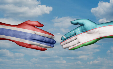 Republic of Uzbekistan and Thailand country handshaking with flags, consensus concept international co-operation illustration