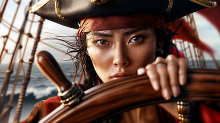 Closeup of determined Asian female pirate steering ship at sea