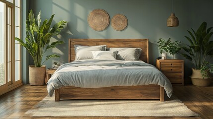 A bedroom with a large bed, a nightstand, and a plant