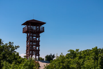 Wooden observation tower Padkui Kilato in Balatongyörök at Balaton lake, Hungary, Europe. Trees...