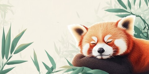 A cute sleeping red panda nestled among gentle green bamboo leaves, radiating calm and tranquility in a serene environment.