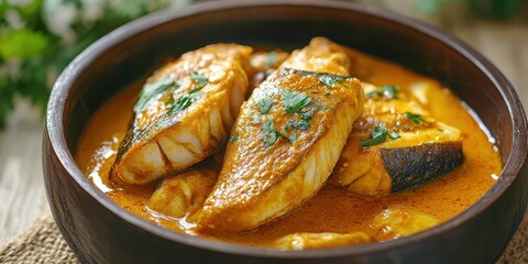 A delicious dish of fish cooked in a rich, spicy sauce, garnished with fresh herbs, perfect for culinary enthusiasts.