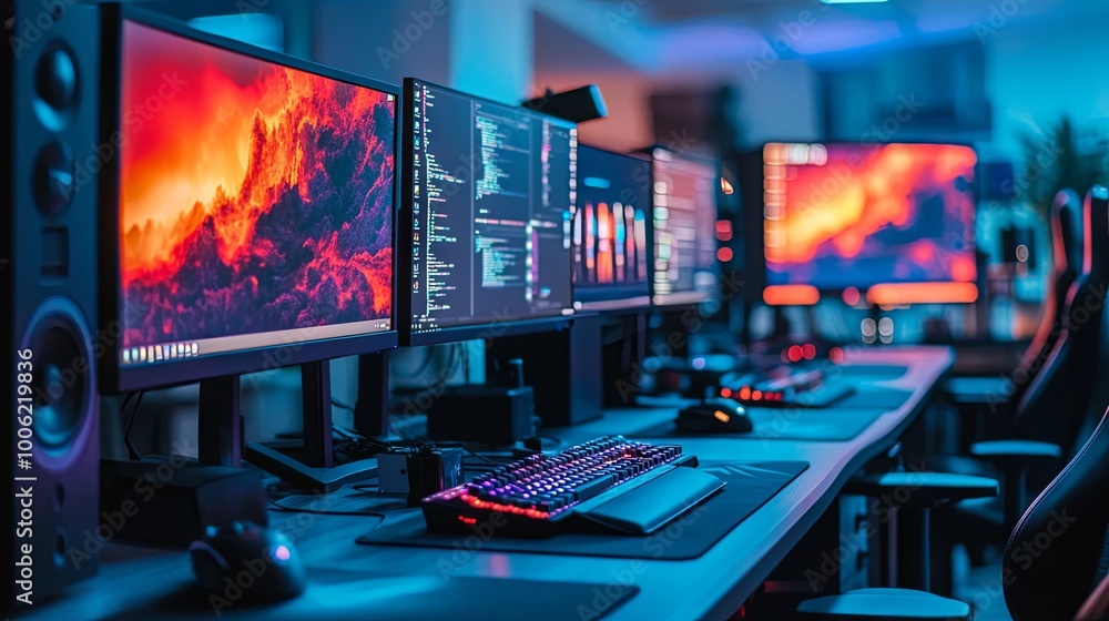 Poster a computer desk with several monitors and keyboards