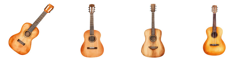 Obraz premium Collection of four different acoustic guitars, isolated on white background.