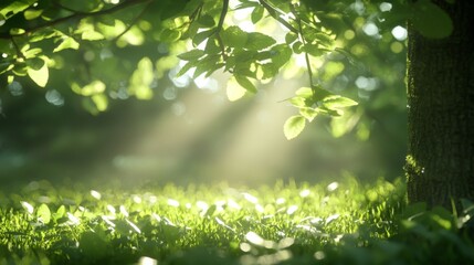 Fototapeta premium Sunlit Forest Glade, a serene clearing in the woods, dappled light filtering through leaves, inviting tranquility and a sense of open space amidst nature's embrace.