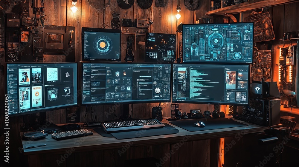 Poster a computer desk with several monitors and keyboards