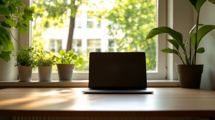 Fototapeta premium A minimalist home office features a natural wooden desk and a sleek laptop, bathed in natural light from a large window, promoting a calm workspace filled with plants