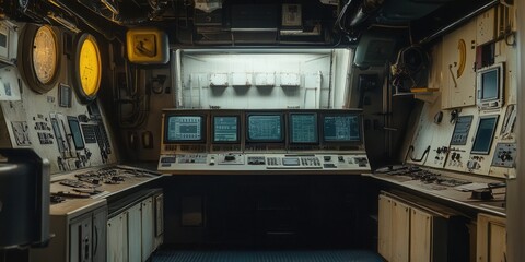 A detailed view of a control room with monitors and equipment, capturing a futuristic and technological atmosphere.