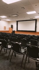 A large classroom with a projector screen and rows of black chairs
