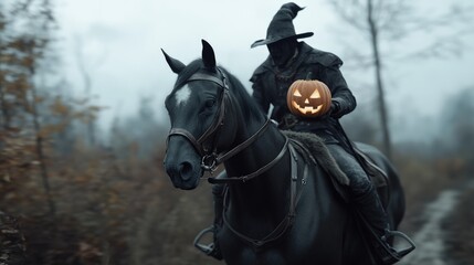 Dark horseman: an ominous rider on a black steed, gripping a fiery pumpkin as he charges through a Halloween landscape, embodying the chilling atmosphere of the holiday with dark, supernatural flair.