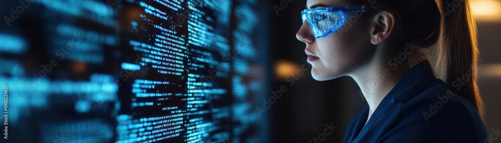 Poster a focused individual works with advanced technology, analyzing data on a digital screen, showcasing 