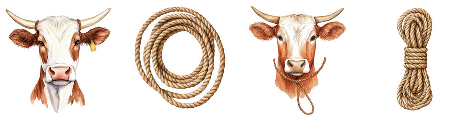 Obraz premium Cow head, lasso rope, and rope on a white isolated background.
