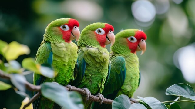 Vibrant Green Parrots Perched on a Branch Surrounded by Lush Leaves, A Close-Up View of Nature's Colorful Avian Companions in a Serene Setting