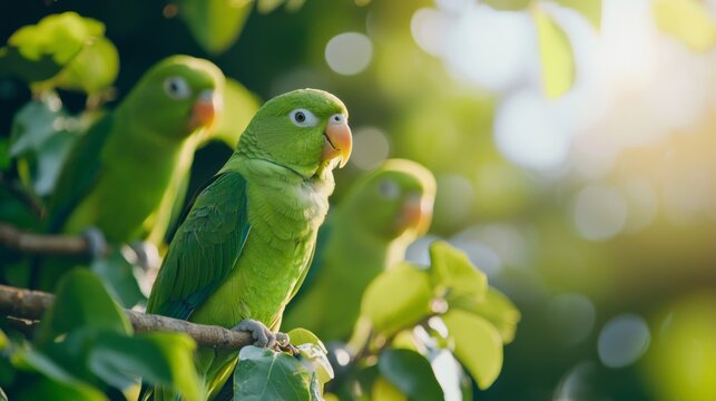 Colorful green parrots perched on a leafy branch, surrounded by vibrant foliage, showcasing their striking feathers and lively presence in a lush setting.