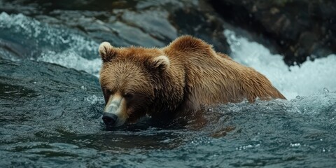 Obraz premium A majestic bear wades through a clear river, showcasing its strength and beauty in a serene natural setting.
