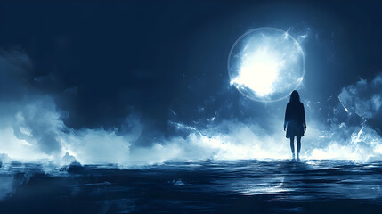 Silhouette of a Woman Standing Before a Bright Moon