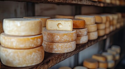 A row of cheese wheels are stacked on a shelf 