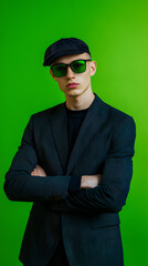 Obraz premium Man in a Dark Suit with Sunglasses, Projecting Confidence and Sophistication Against a Simple, Clean Green Background A man in a dark suit, wearing sunglasses and standing confidently in front of a pl