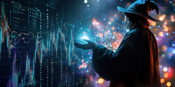 A mystic figure in a wizard hat conjures data magic amidst colorful digital chaos, symbolizing innovation and creativity.