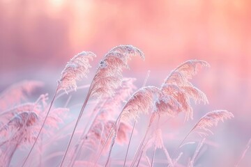 Delicate frost-covered grasses shimmer in the soft pink and orange glow of a November sunrise