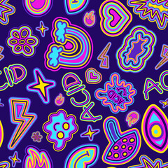 A seamless pattern with groovy hippie elements, flowers, and geometric shapes in bright colors on a blue background. Great for backgrounds, wrapping paper, and fabric.